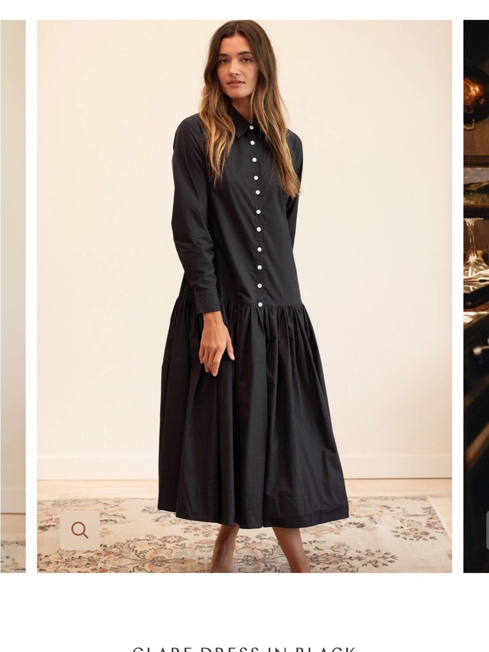 Long-Sleeve Black Button-Front Midi Dress